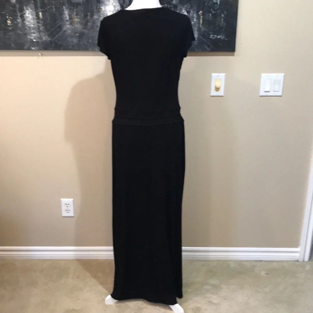 Chelsea & Theodore Black Drawstring Waist Front Pockets Pullover Maxi Dress-10